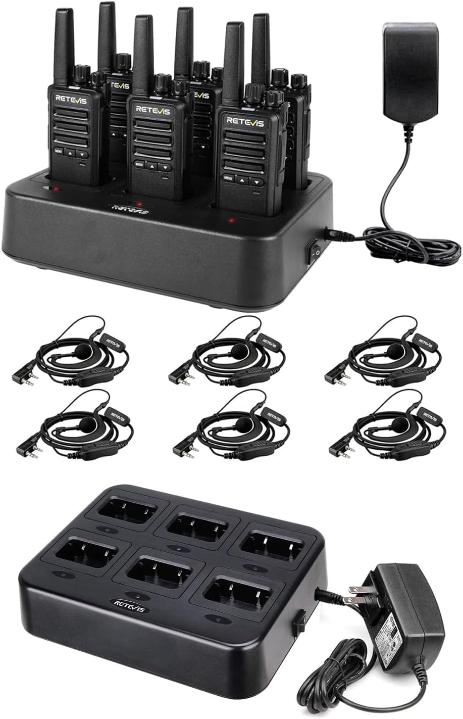 Retevis RT68B Walkie Talkies with Earpiece,Six-Way Charger,16 Channels,30H Battery,FRS Two-Way Radios,6-Way Charger, VOX, Long Range, Rugged & Water Resistant,for Adults, School, Church(6 Pack)