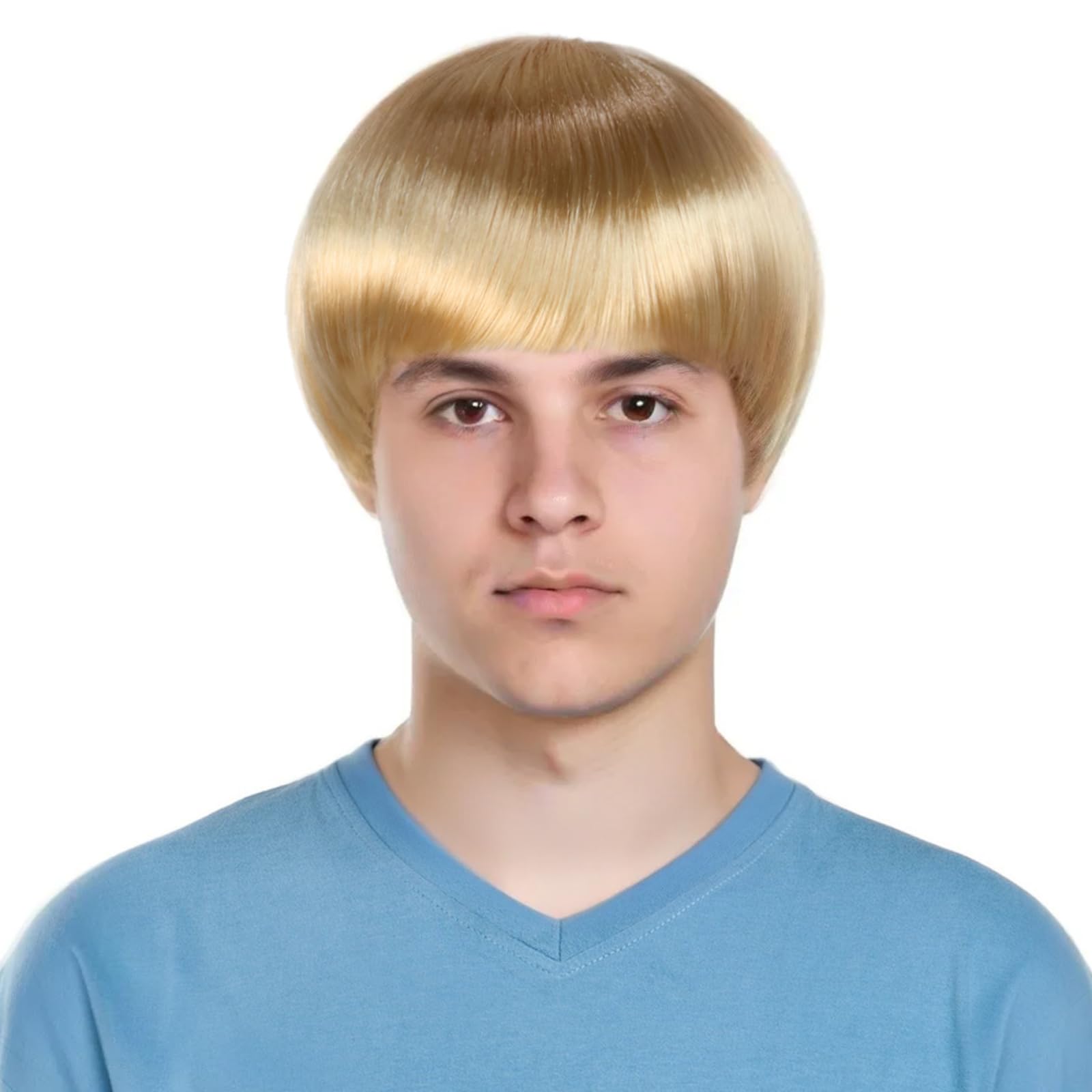 BECULINA Short Blonde Mushroom Wig with Hair Cap Bowl Cut Wigs Short Blonde Funny Wig for Men for Halloween Party Wigs Blond Bob Hair With Bangs for Christmas Cosplay Costume Outfit
