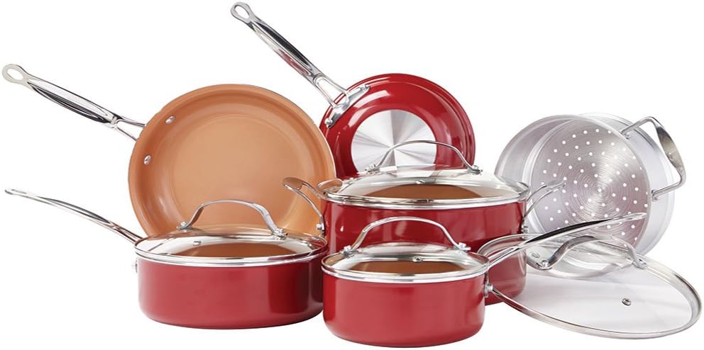 BulbHead Red Copper 10 PC Copper-Infused Ceramic Non-Stick Cookware Set