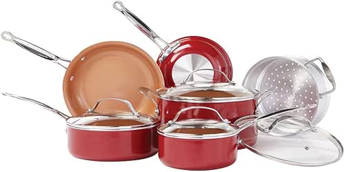 BulbHead Red Copper 10 PC Copper-Infused Ceramic Non-Stick Cookware Set