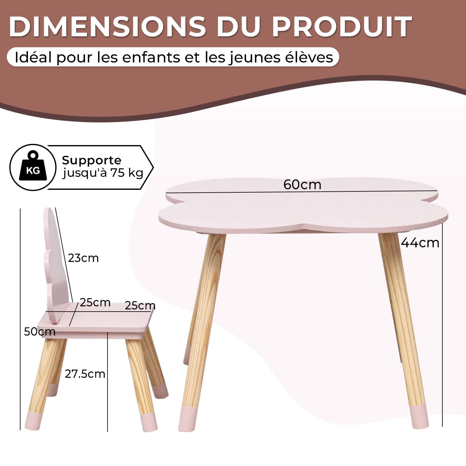 Rebecca Mobili Ensemble Table et 2 Chaises pour Enfants, pour la Décoration de la Chambre des Enfants, Rose Marron, MDF Pin - Dimensions : 44 x 60 x 60 cm / 50 x 25 x 25 cm - Art. RE6899