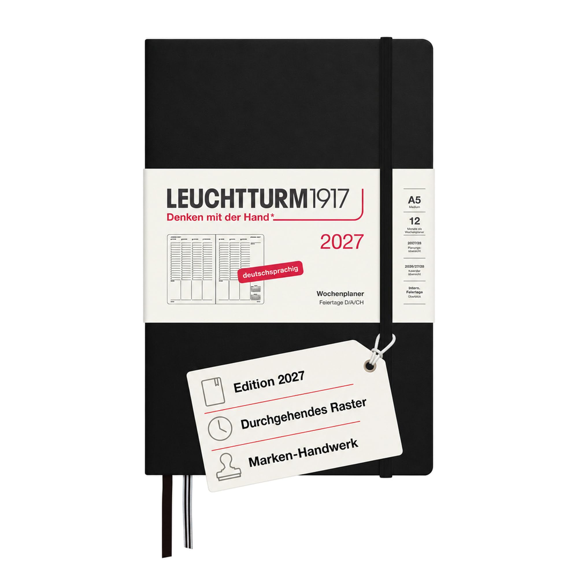 LEUCHTTURM1917 Weekly Planner 2027 Medium (A5) - German, Black, 210 x 145 mm, January-December (12 Months), Weekly Overview with Hour Grid 7:00-22:00 per Column, Hard Cover, 80 g/mยฒ Paper โ image 1