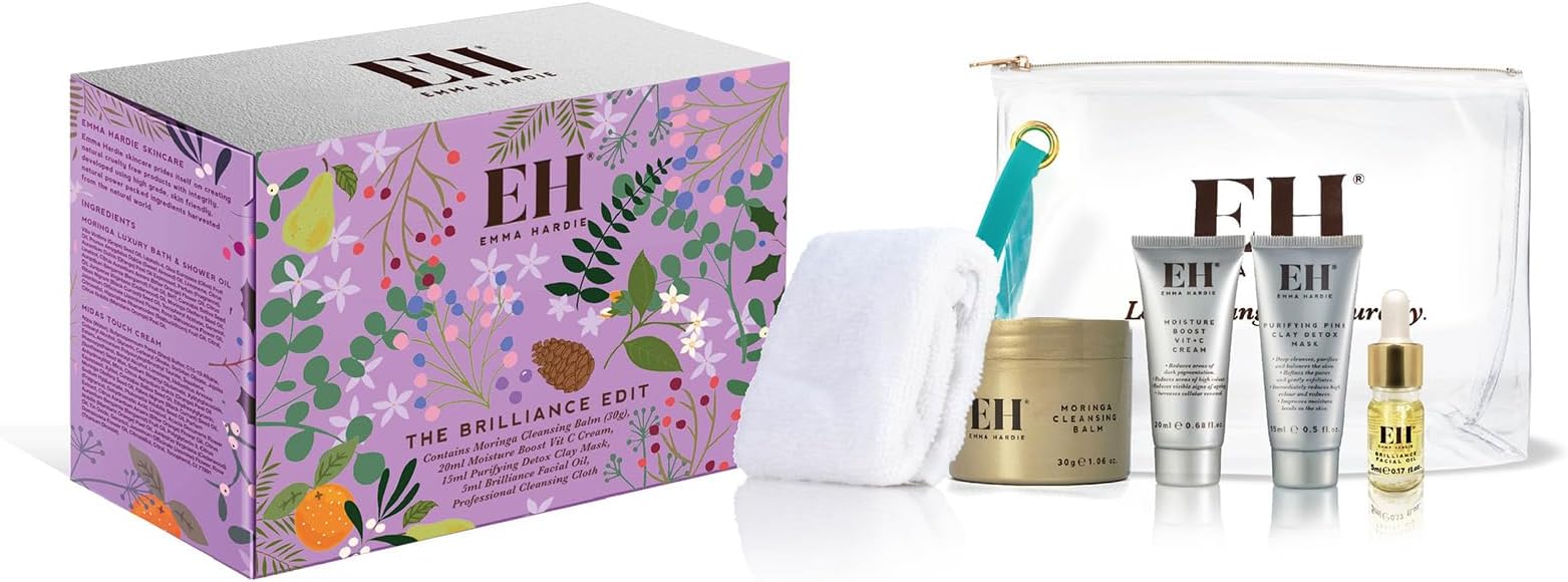 Emma Hardie The Brilliance Edit Gift Set, Featuring 4 Luxurious Skin Care Products & a Cleansing Cloth, Packed in a Convenient Cosmetic Bag, Perfect as Holiday Travel Set, Vegan & Cruelty Free