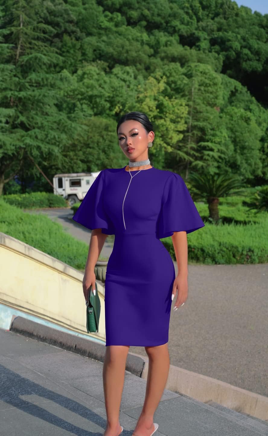 Memoriesea Women's Basic Bodycon Ruffle Flared Short Sleeve Pencil Midi Dress - Image 2