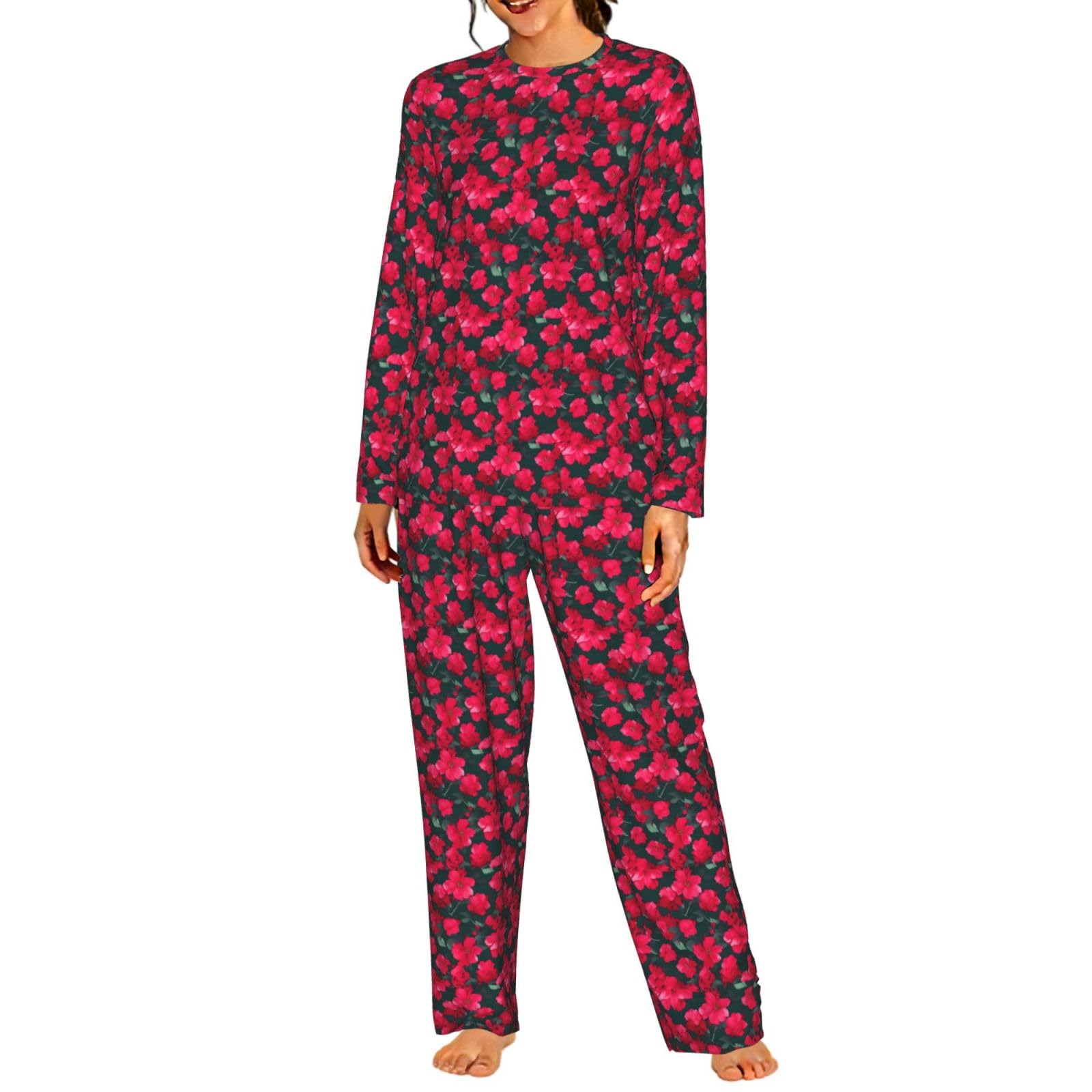Pigiama da donna a maniche lunghe con stampa floreale rosa rosso e rosa, ideale per vacanze e yoga, uscite casual, comodo regalo