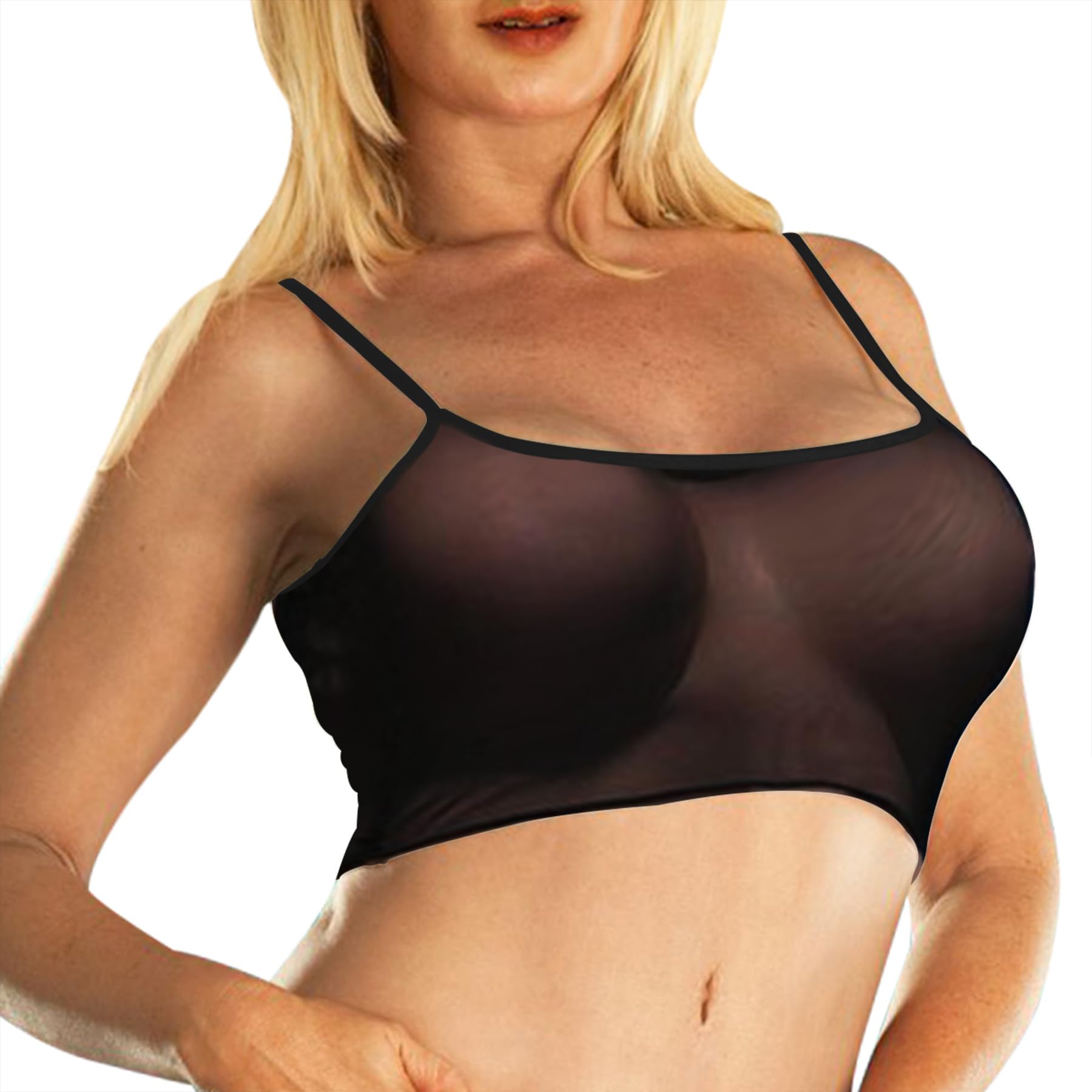 SHERRYLO Sheer Tank Tops for Women See Through Stretch Crop Top Summer Sleeveless Strap Mesh Cami Top