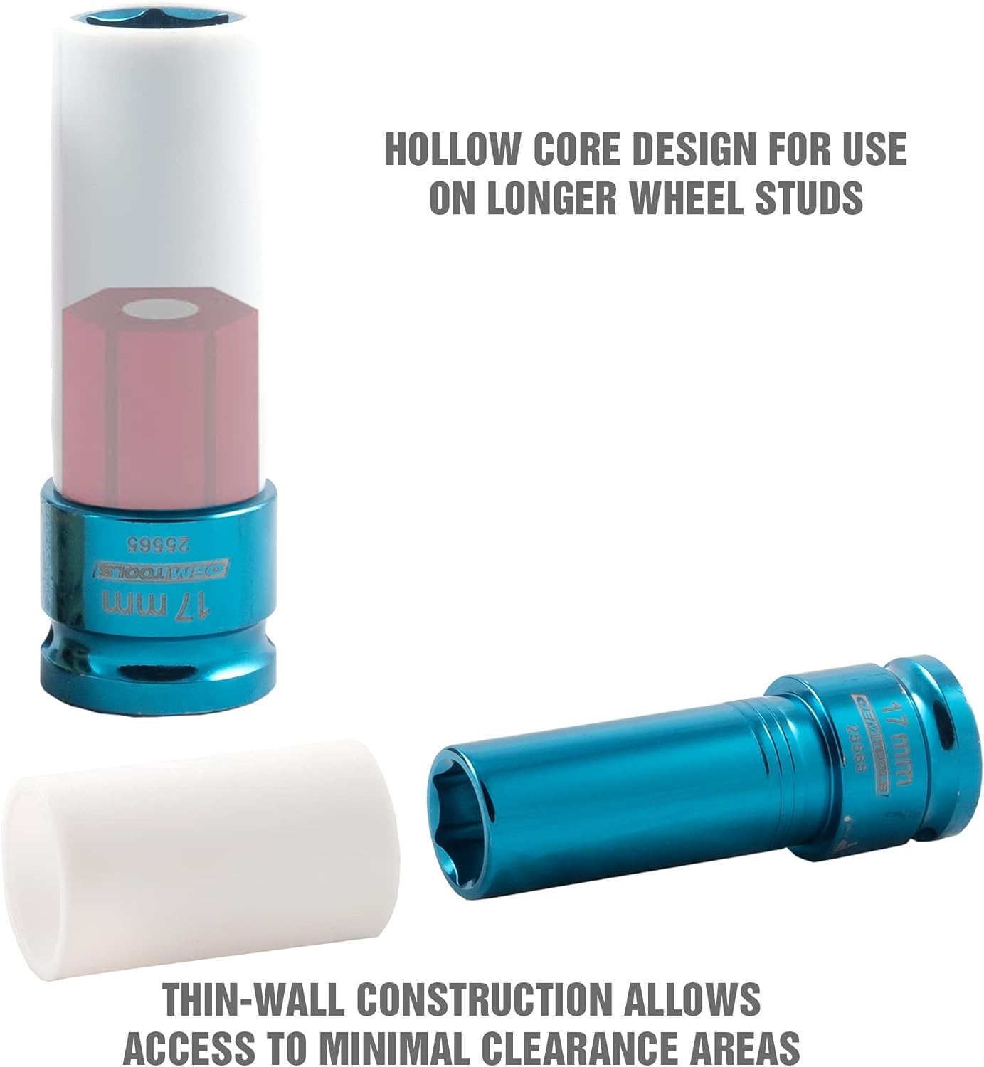 OEMTOOLS 25565 17MM Lug Nut Socket, 1/2" Drive 17 mm Socket for Wheel Service, Non-Marring Sleeve, Thin Wall, CR-MO Steel for Impact Tools, 400 Ft-Lb Max Torque