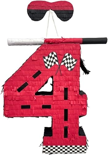 Piñata roja grande de APINATA4U con temática de carreras número cuatro de 20 pulgadas, ¡acelera tu celebración con diversión de alto octano!