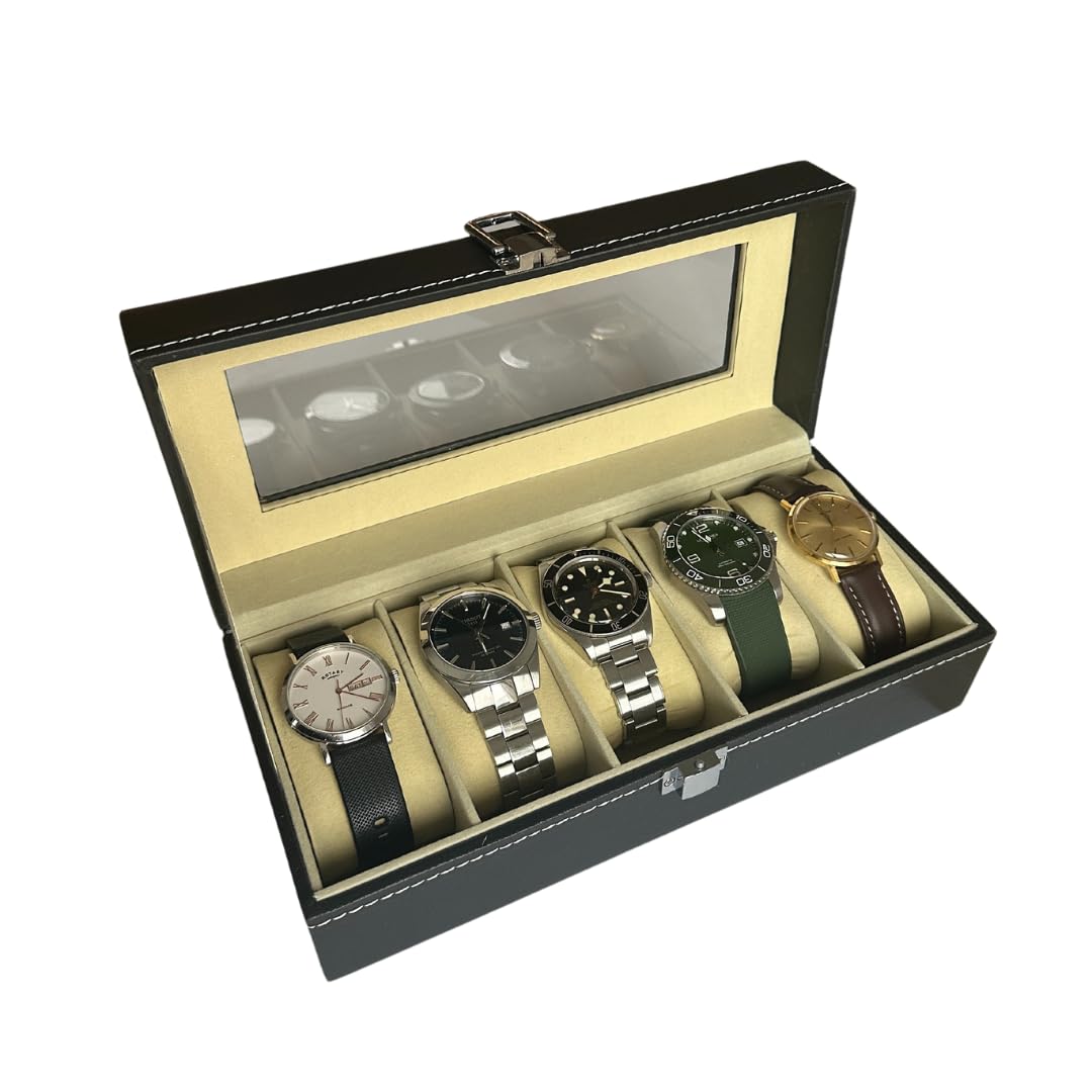 NFBCXUTKW Watch Box 2/4/8 Slots, Black, Watch Display Case, Watch Storage Box with Removable Cushion, Metal Clasp, PU Leather, Jewellery Box, Watch Box for Men, Gift Idea for Men (5 Slots)