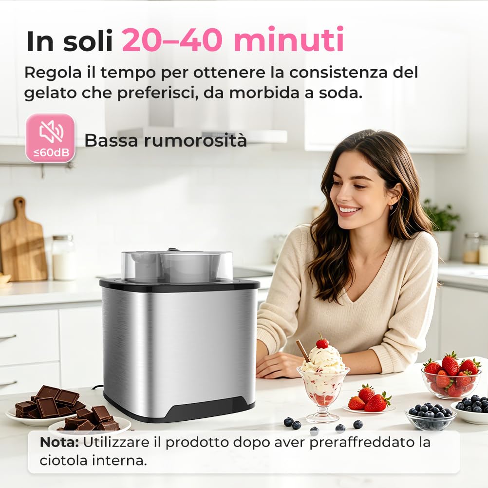 Gelatiera 2L Macchina Gelato Acciaio con Copertura Trasparente per la Visualizzazione, Paletta Gelato Speciale e Ricettario, per Fare il Gelato e lo Yogurt, Sorbetto