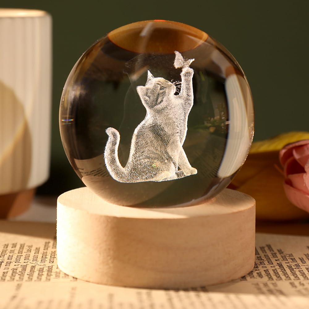 Boule de cristal 3D chat, le cadeau pour femme ideal avec socle brillant