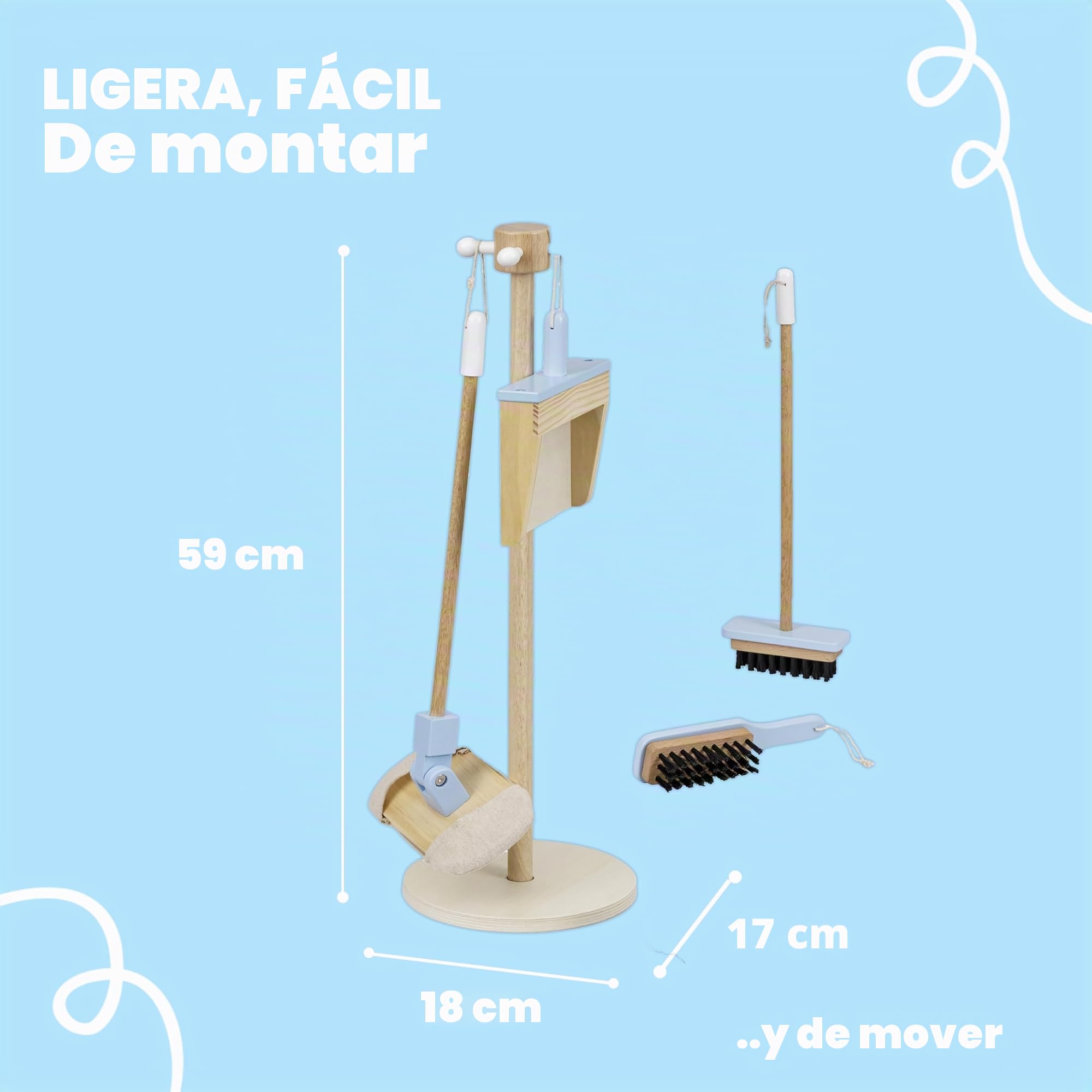 Baroni Toys Juego de Limpieza de Madera, Juego Montessori, 4 Piezas con Soporte, para Niños de 3 a 6 Años, Incluye Escoba, Recogedor, Fregona y Cepillo, Fácil de Montar y Ligero, 17x18x59 cm