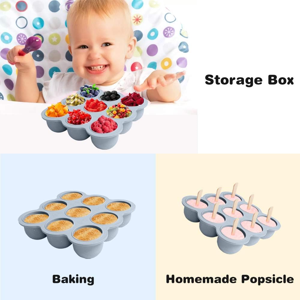 KingKam Baby Food Storage Container - Silicone Freezer Tray with Clip-on Lid - Oven & Dishwasher Safe- 9x2.5oz Easy-Out Portions, 100% Food Grade Safe : Baby