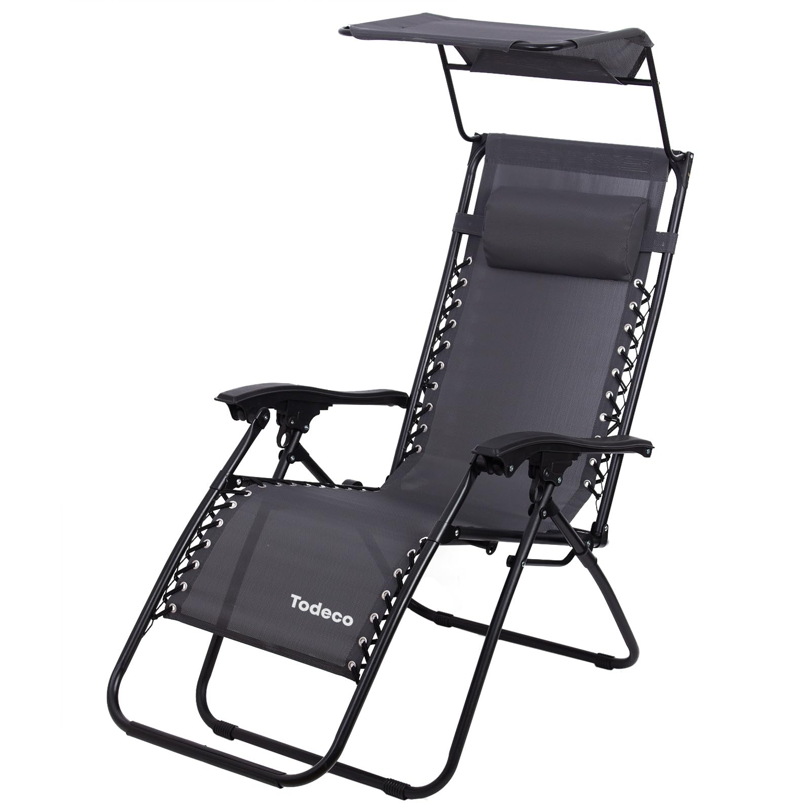 Todeco Chaise Longue Transat Jardin Plein Air, Transat de Plage Pliable avec Pare Soleil, Bain de Soleil avec Repose-​tête, d'accoudoirs Réglables, Camping en Respirantes Textilène, Gris
