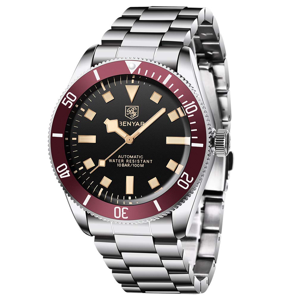 BENYAR 5179 Men's Automatic Mechanical Watch Rotatable Aluminium Bezel Stainless Steel Strap Waterproof Luminous Casual Self-Winding Wrsitwatches (RED)
