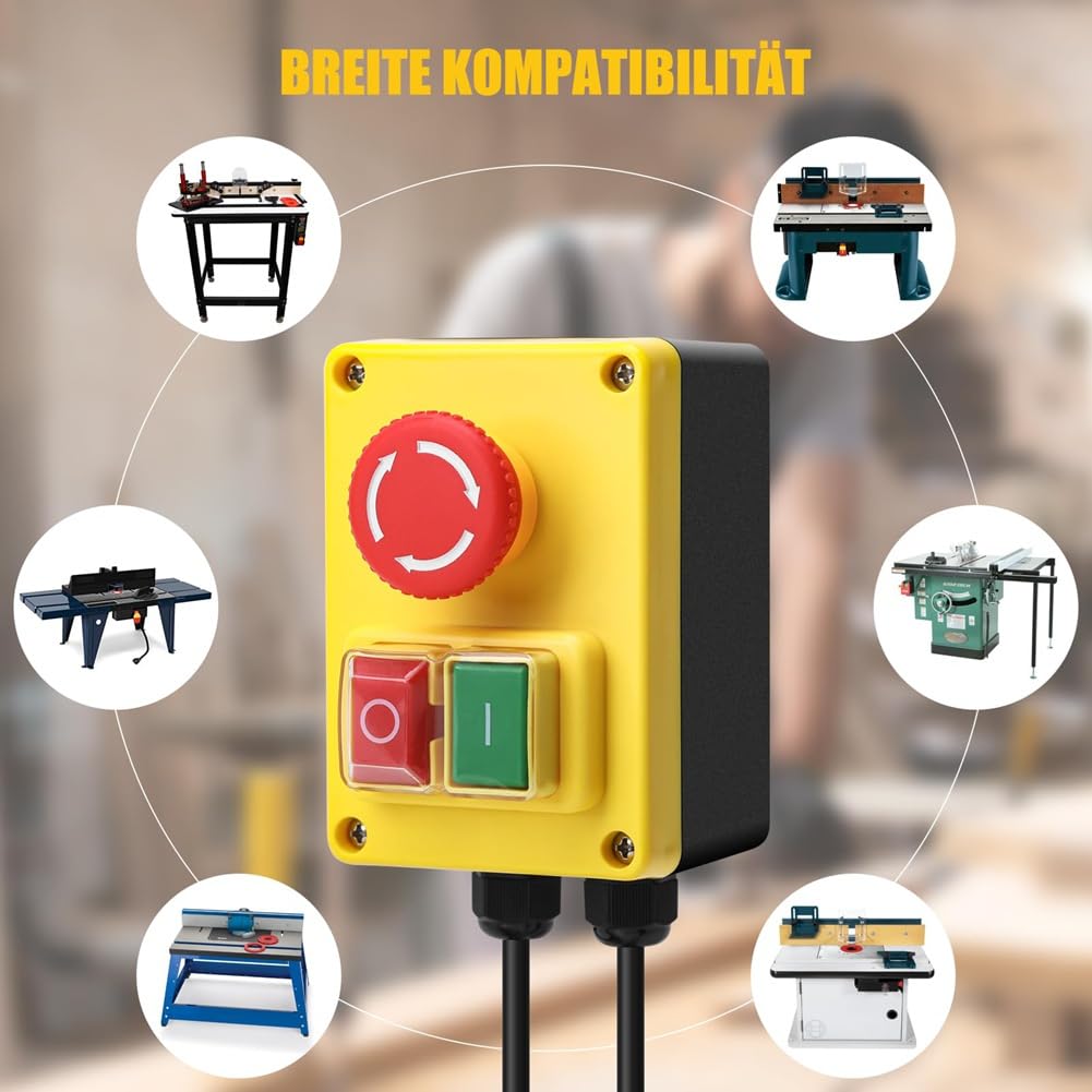 Interruptor de seguridad (220 V, monofásico con parada de emergencia, ideal para mesas de fresado y dispositivos eléctricos
