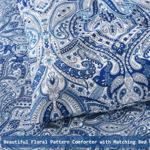 Image of lasoftan Floral Queen Comforter Set with Sheets, 7 piece Luxury Vintage Bedding, Soft Microfiber Bed in a Bag, Cozy Lightweight Bed Set, Blue Paisley