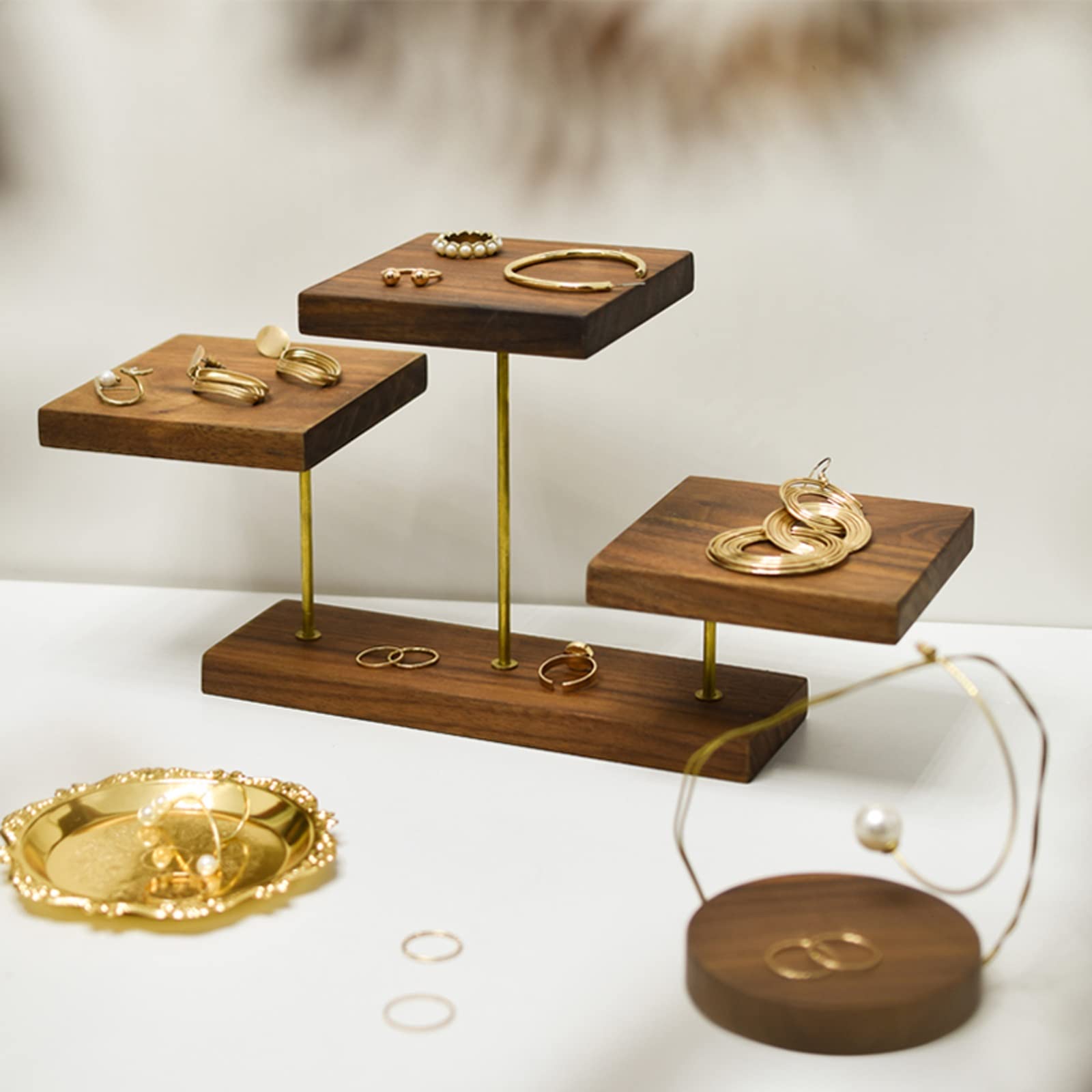 GRFIT Espositore per Occhiali da Sole Vassoio di visualizzazione dei monili di visualizzazione dei Gioielli di Walnut a 3 Livelli per Esposizione Commerciale Domestica Negozio