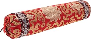 Hemobllo Almohada Redonda Tradicional con Relleno de Cáscara de Alforfón para Soporte Cervical Funda de Satén Bordada Rojo Cojín Decorativo Oriental para Sofá y Muebles de Madera