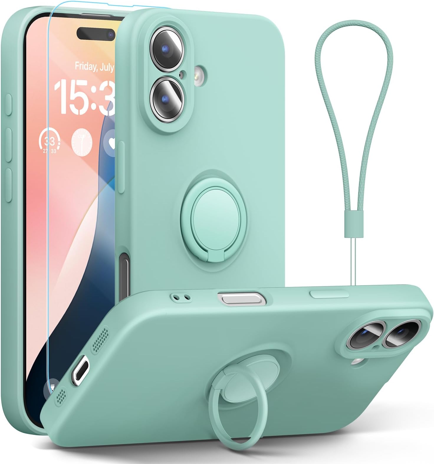 abitku for iPhone 16 Case with Ring Stand, Liquid Silicone Slim Design Support Magnetic Car Mount (with Wrist Strap Lanyard) Phone Cover for iPhone 16 6.1 inch (Mint)