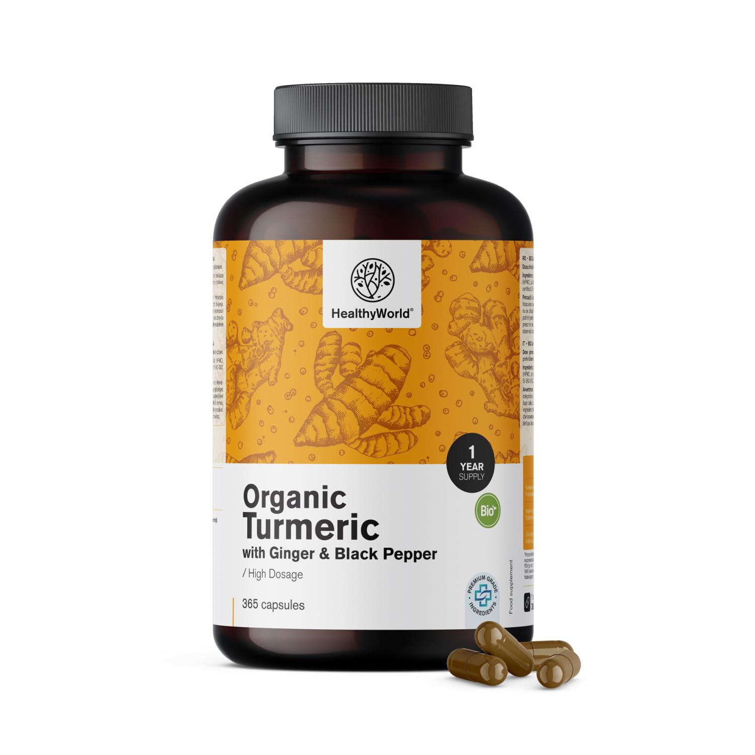 HealthyWorld BIO Curcuma 480 mg con Zenzero e Pepe Nero - 365 Capsule Vegetali - 1-anno di Fornitura - Per il sostegno delle Difese Immunitarie, del Fegato, delle Vie Respiratorie e del Cuore