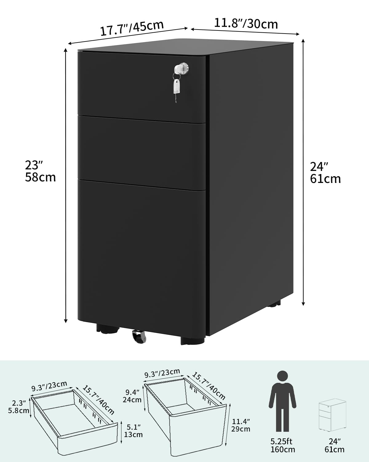 YITAHOME Armoire de classement à 3 tiroirs verrouillable, pour Bureau à Domicile avec Roue, Armoire de Bureau pour Lettre/légal/A4, entièrement assemblée, Noir, 30 x 45 x 61 cm