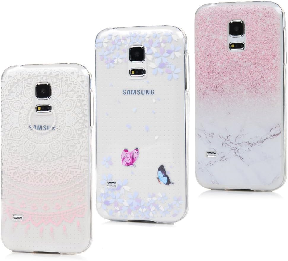 [3 Pack] Samsung Galaxy S5 Mini Case TPU Silicone Cover Case Slim Fit Stylish Rubber Bumper Cover Full Body Flexible Drop-Protection Shell Gel Grip Case for Galaxy S5 Mini, Marble + Totem + Butterfly