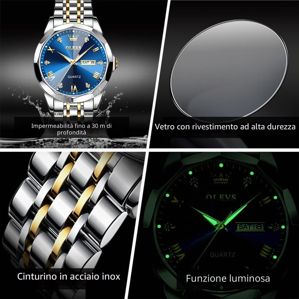OLEVS Orologio da uomo con diamanti per affari, orologio analogico al quarzo in acciaio inossidabile, impermeabile, luminoso, con data, due toni, orologio da polso casual di lusso