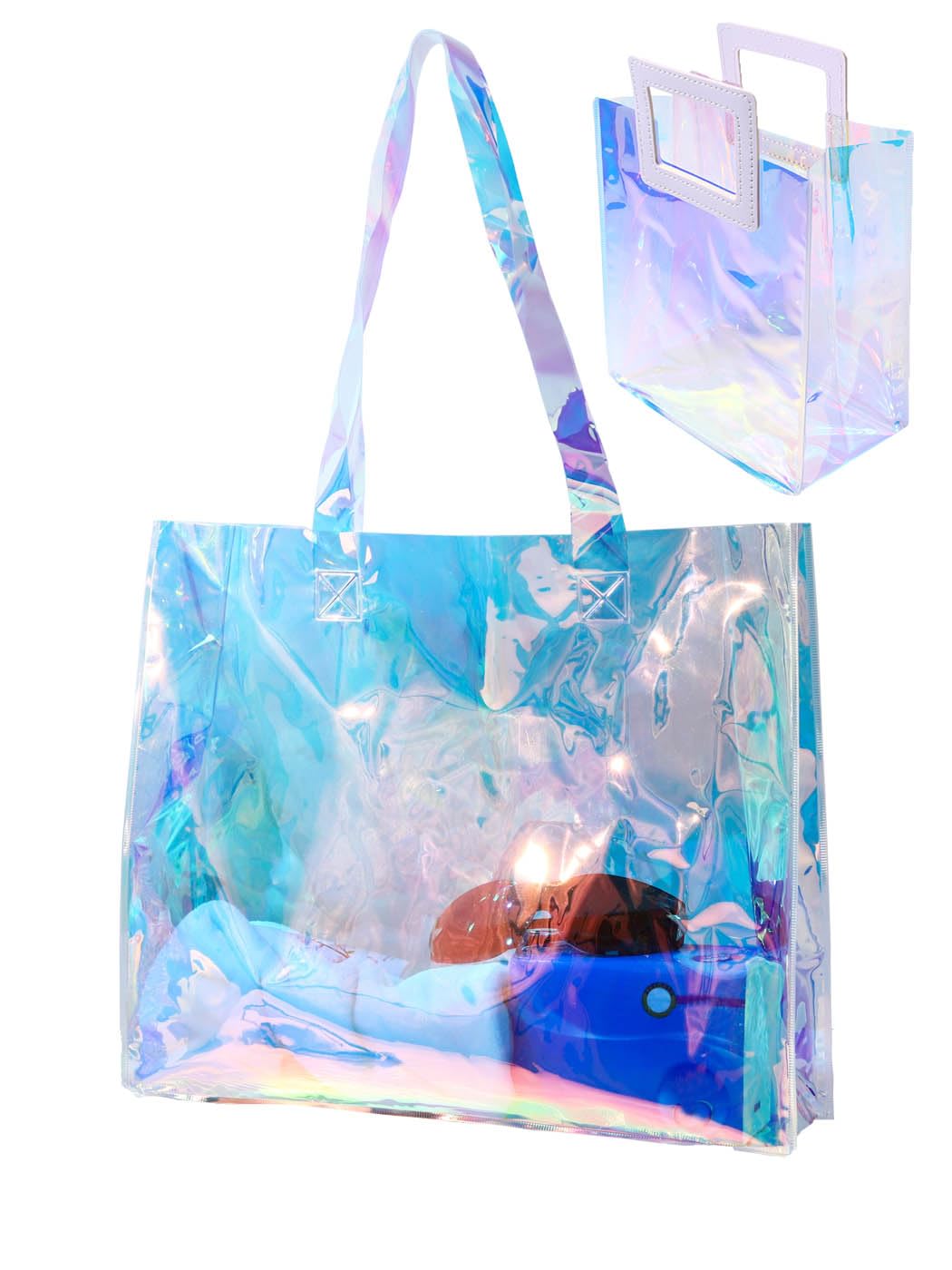 Woeoe Large Iridescent Tote Bags Foldable Clear Tote Bag Waterproof Sandproof Beach Totes for Shopping Work Travel Set