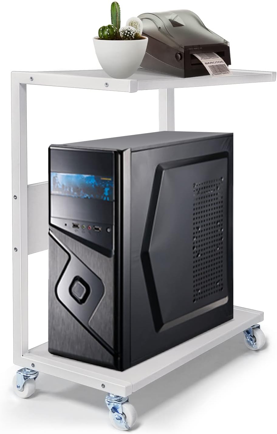 Computer Tower Stand White, Hakkalights C-Shaped 2-Tier Desktop PC Tower Floor Stand ATX-Case CPU Holder Under Desk with 4 Locking Swivel Casters for School, Office, Home (White Color)