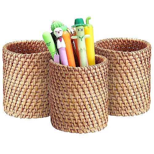 BTSKY 3 Pack Rattan Pen Cup, Handmade Desk Pencil Holders Makeup Brush Holder Multi-Functional Woven Basket Office&Home Desktop Organizer (Cylinder)