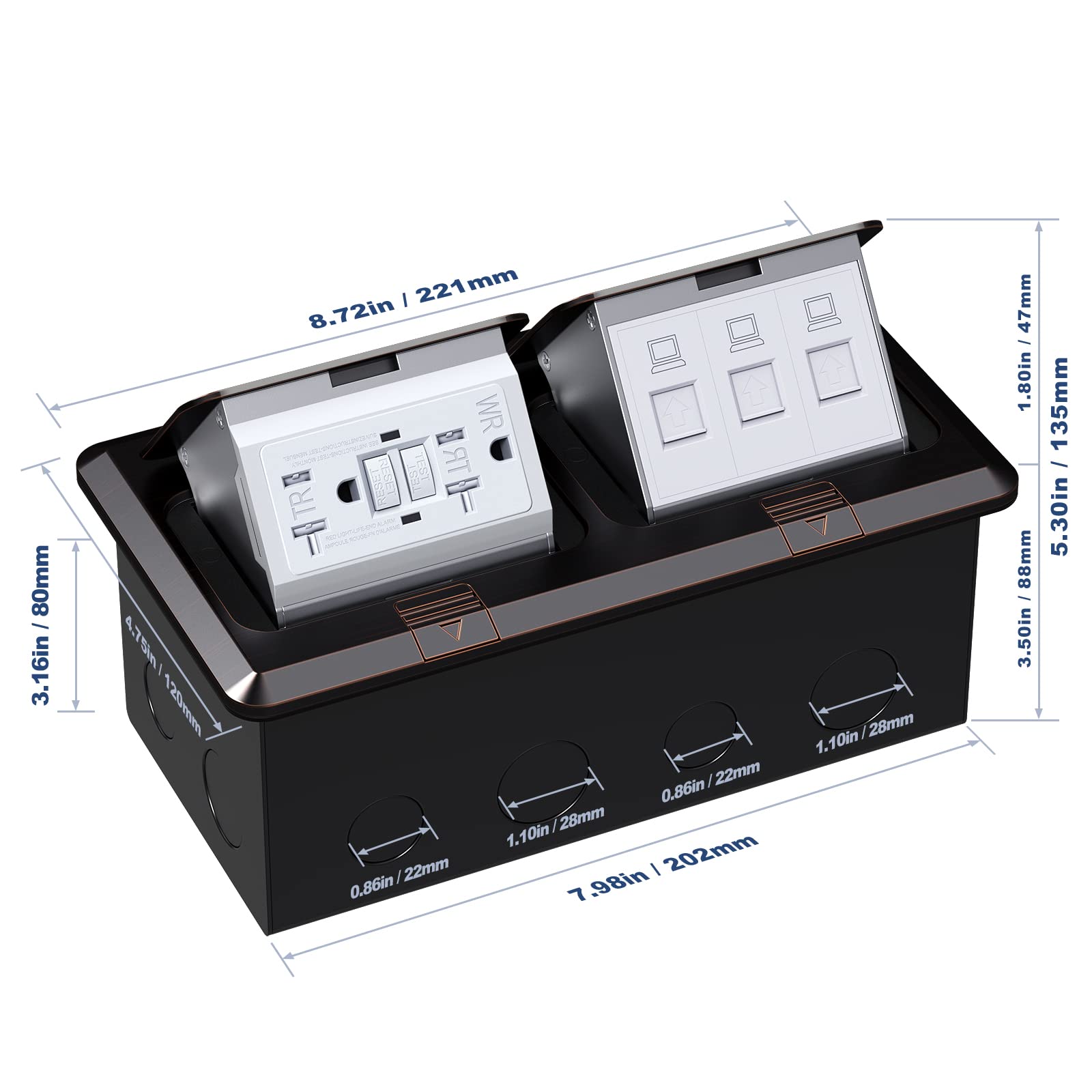 Doppel-Pop-Up-Steckdosen-Set, 20 A, Edelstahl, GFCI-TR Buchse, 3-Port-RJ45-Datacom-Buchse, ölgeriebene Bronze