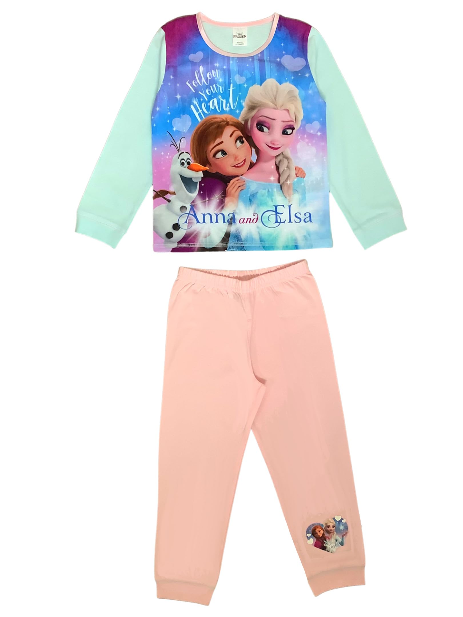 Disney Frozen, Girls 2 Piece Pyjamas Set Featuring Anna and Elsa Follow Your Heart, Pink/Blue, Age 2-3 Years