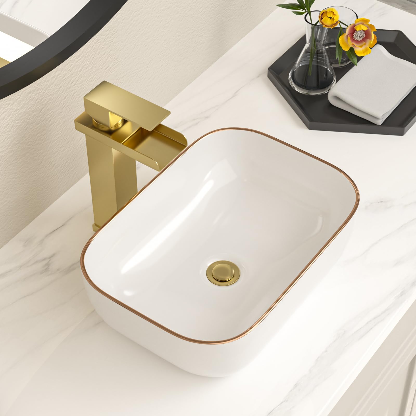 Bowl Sink for Bathroom 15" x 10" Rectangle Boat Shape White Vessel Sink with Gold Rim Above Counter Porcelain Ceramic Round Oval Modern Artistic Basin Bowl Sink LOF-15105-GB