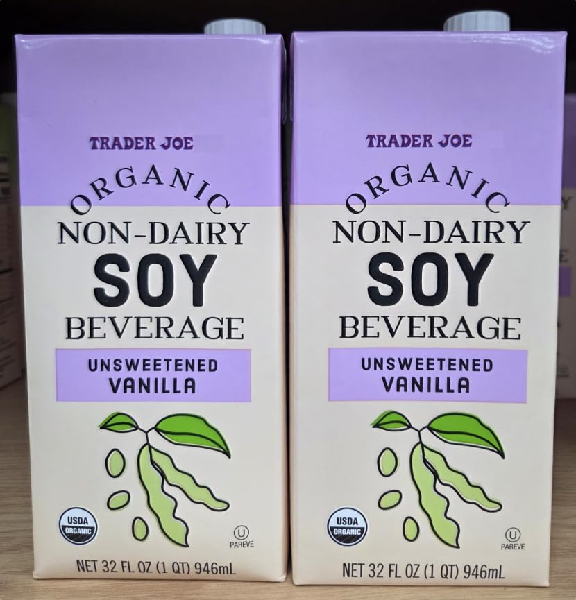Trader Joe Organic Non-Dairy SOY Beverage Unsweetened Vanilla 32fl oz 946ml (Two Cartons)