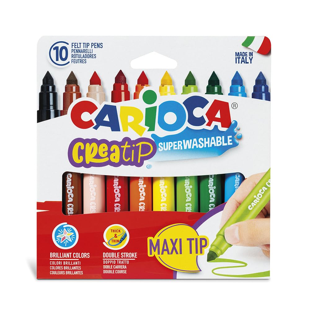 Carioca Creatip Maxi - Confezione da 10 Pennarelli, Super Lavabili a Punta Maxi Conica. Colori Assortiti e Brillanti, Ideali per Disegnare e Colorare