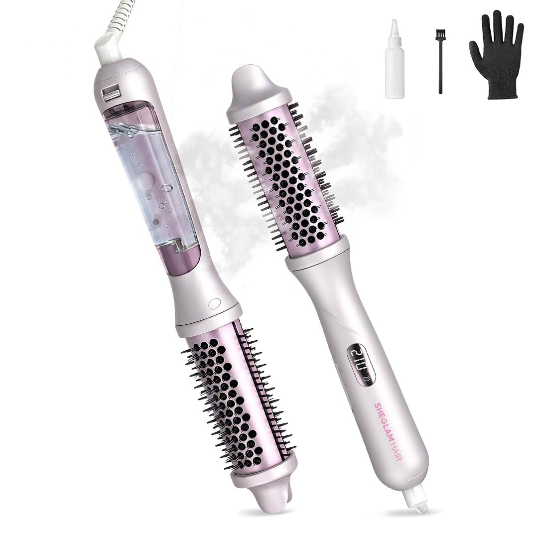 SHEGLAM Spazzola Termica a Vapore, Spazzola Rotonda 4 in 1 da 38 mm | 3 livelli vapore, nano-vapore anti-scott., calore rapido, meno danni, anti-crespo, Dual Voltage, volume, lunga tenuta