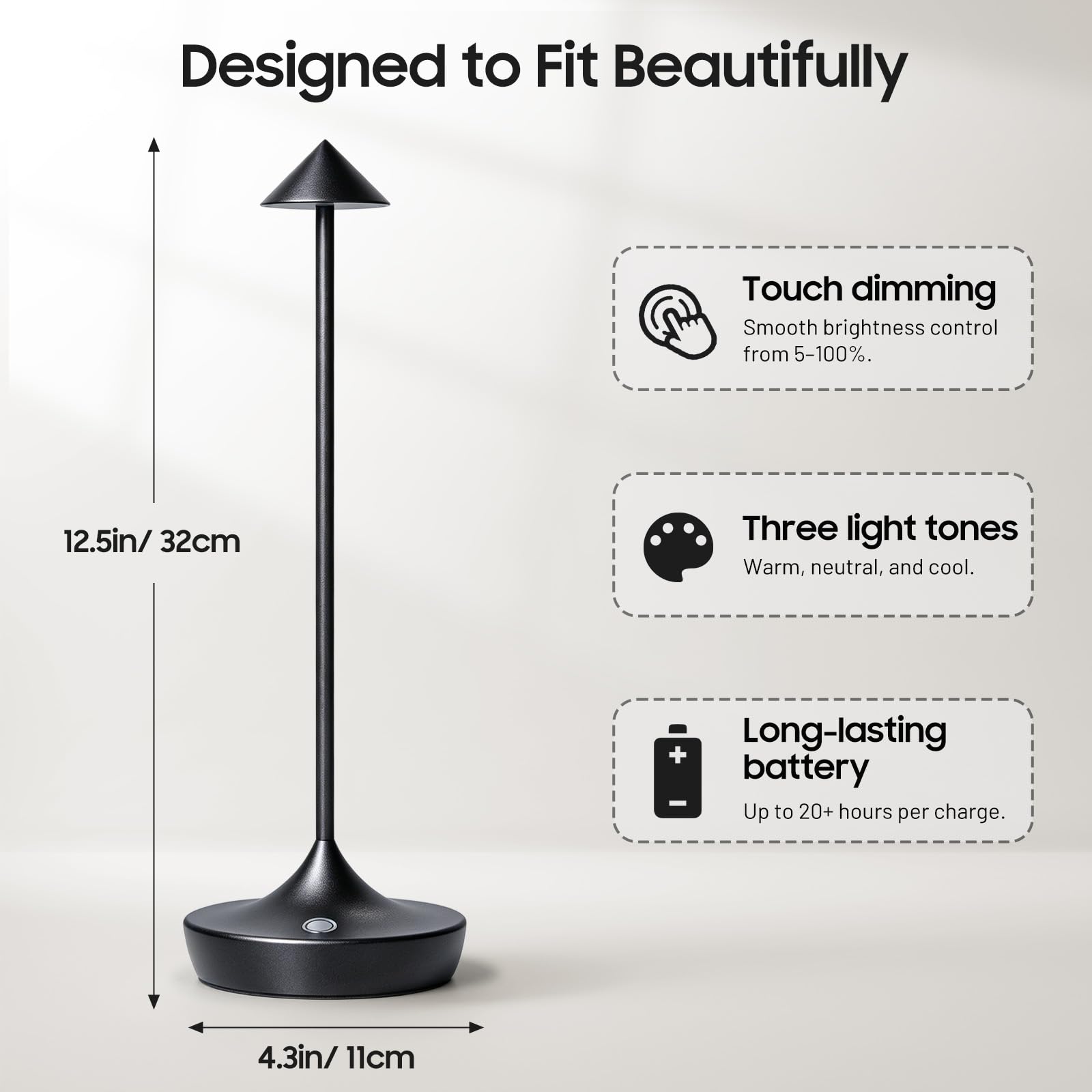 Kabellose LED-Tischlampen, wiederaufladbar, batteriebetrieben, 3 Farben, stufenlos dimmbar, tragbare Tischleuchten für Outdoor, Restaurants, Terrasse (2 x schwarz)