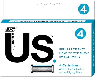 BIC US 5-Blade Unisex Shaving Razor For Men and Women, Lubricating Strip For a Smooth, Close Shave, 4 Cartridges