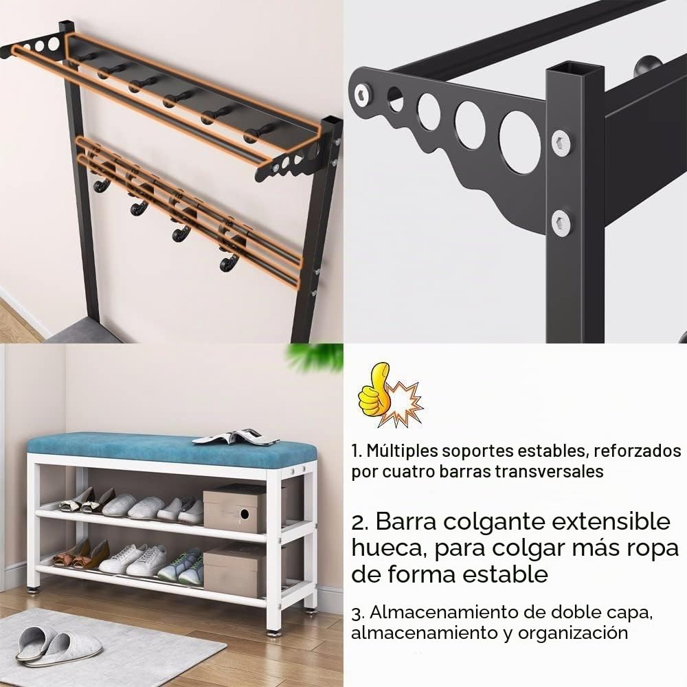 Metal Perchero con Zapatero Banco Esponja de Alta Resiliencia, Multifunción Perchero para Zapatos con Ganchos Capa, para Ropa, Sombreros, Bufandas, Bolsos, Paraguas L:80/100CM