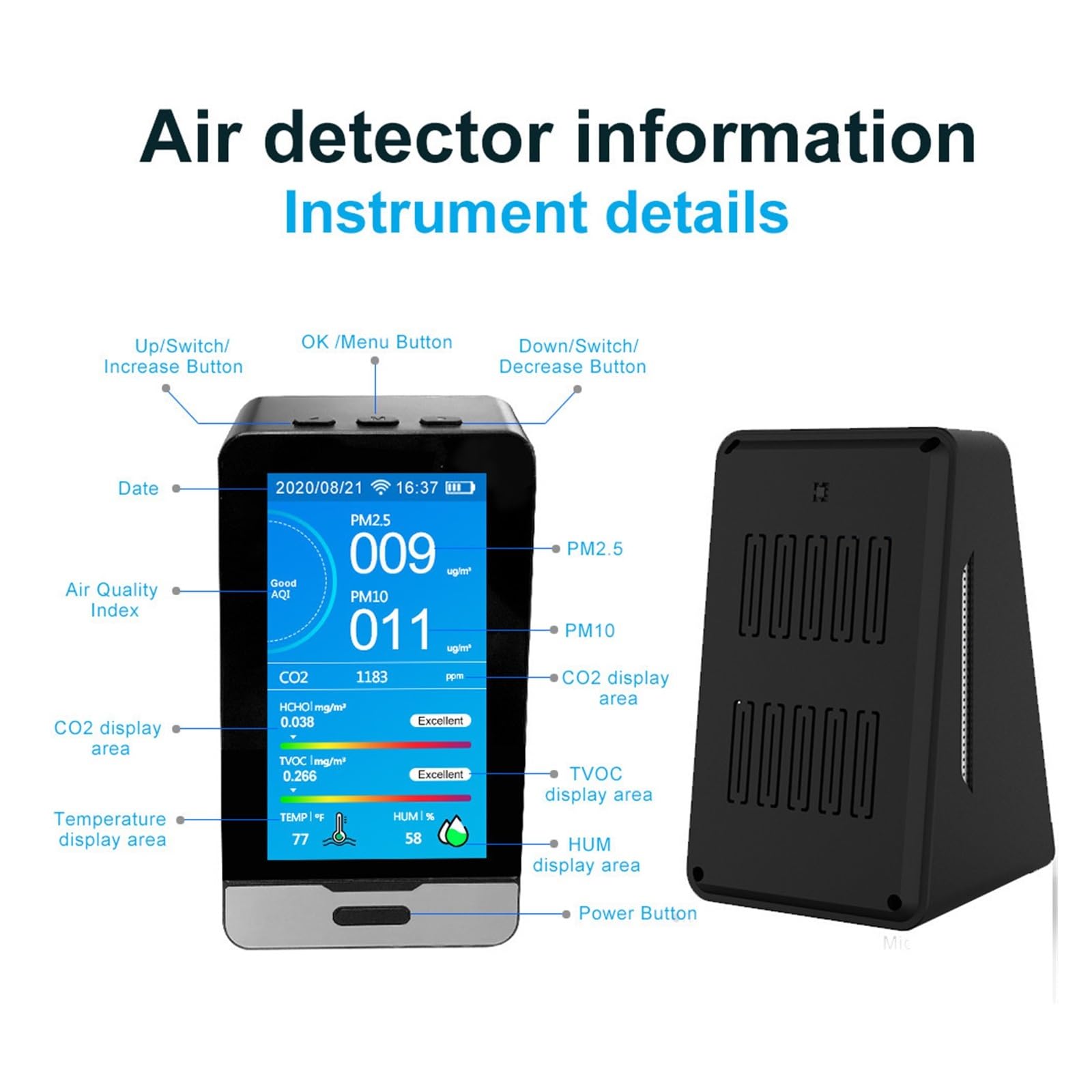 Detector de calidad del aire 10 en 1, probador CO2 PM2.5 PM10 TVOC HCHO, Monitor formaldehído, pantalla LCD tiempo, Sensor infrarrojo, Reloj Atmos