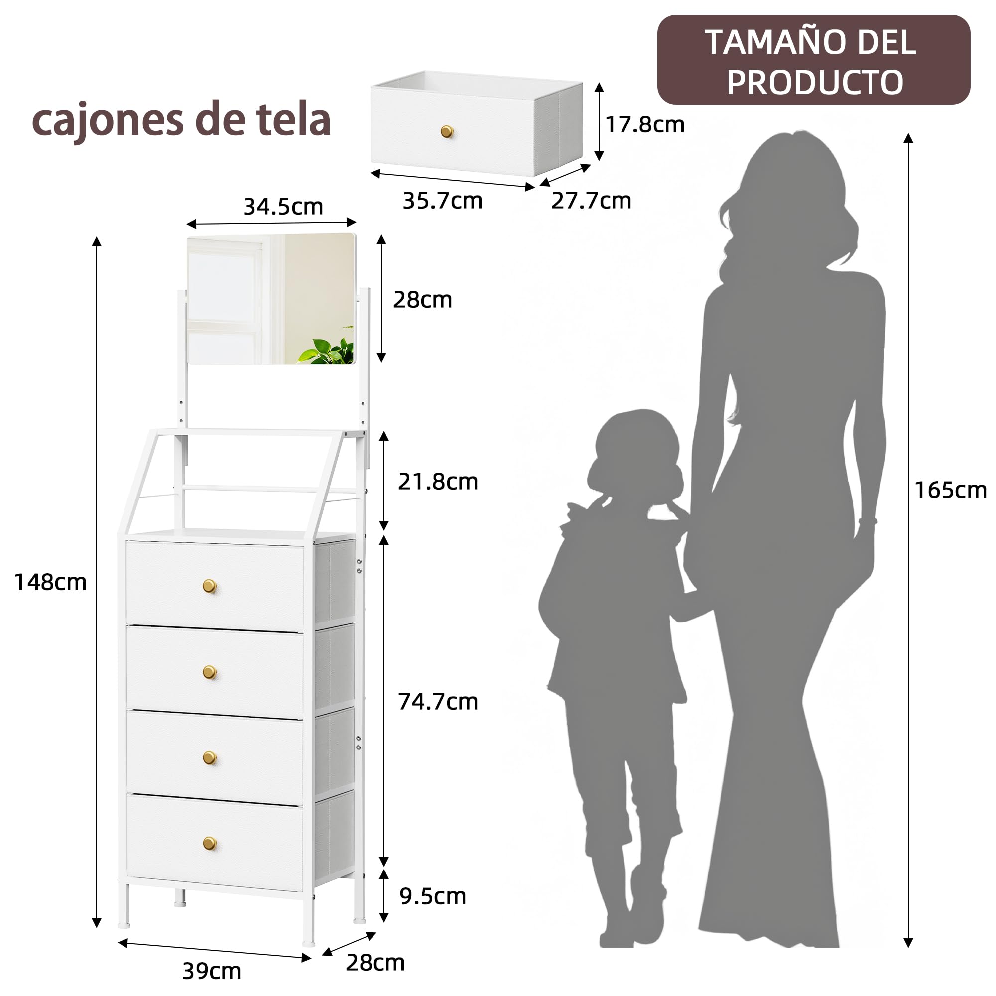 Cómoda Dormitorio con Espejo Ajustable, Cómoda de 4 Cajones de Tela, Sinfonier Dormitorio Alto, Cómoda Alta para Dormitorio, Entrada, Pasillo y Salón, 39 x 28 x 148 cm, Blanco