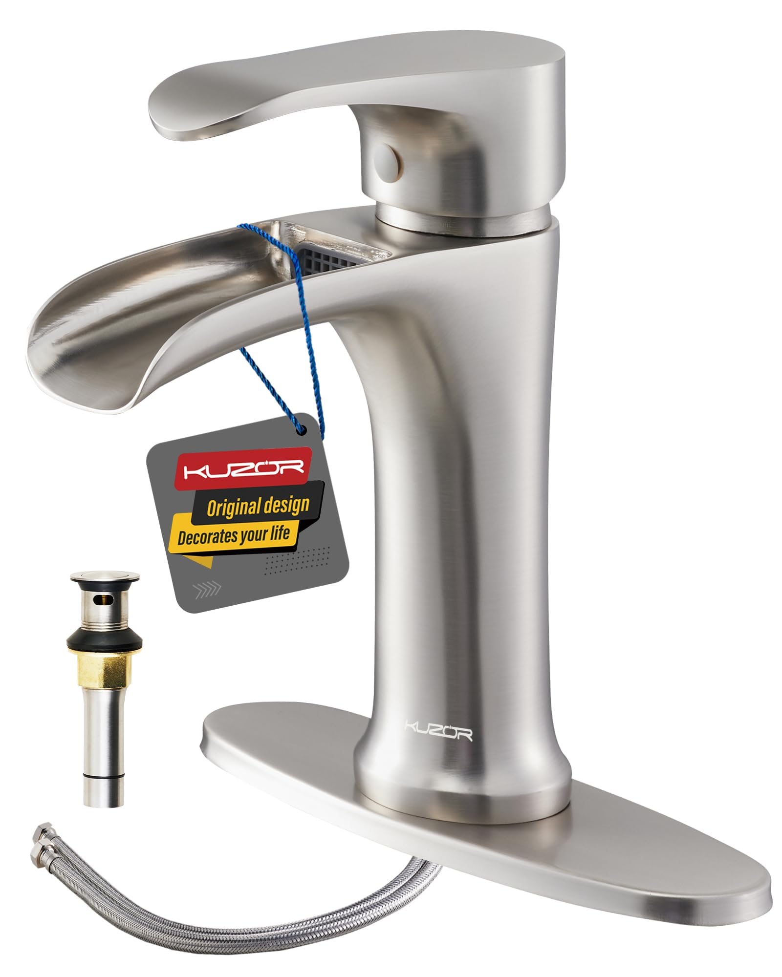 Waterfall Bathroom Faucets Brushed Nickel, Single Handle 1 or 3 Hole Bathroom Faucet with Metal Pop Up Drain, Solid Brass Faucet for Bathroom Sink