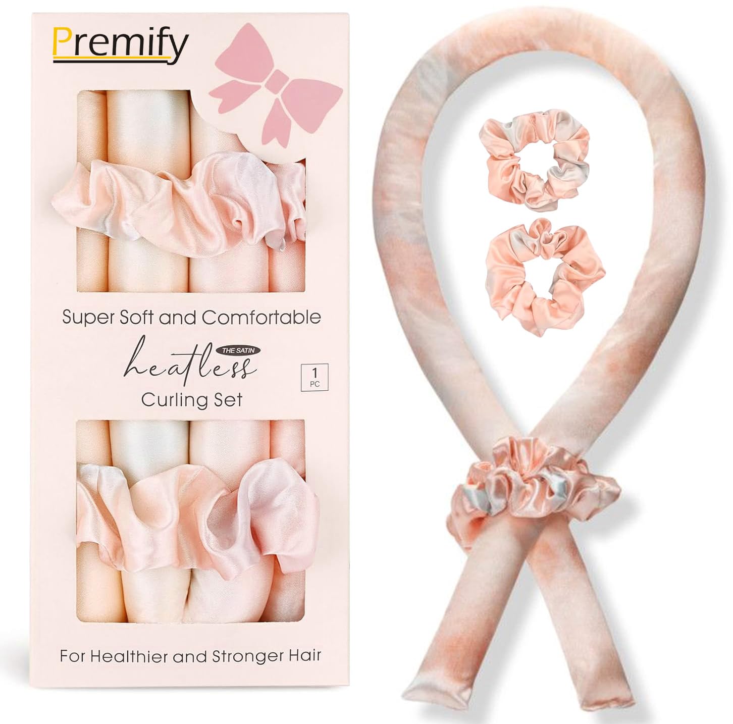 Premify Satin Heatless Hair Curler, 3pcs Overnight Hair Curling Set, Heatless Curling Rod & Headbands for Short & Long Hair, Heatless Curls & Hair Wrap Curlers