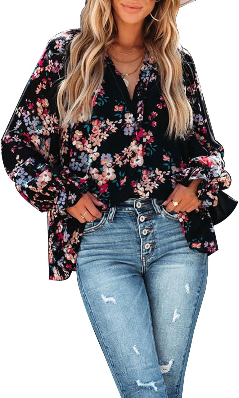 MLEBR Womens Tops Winter Loose V Neck Long Sleeve Blouses Tops Blooming Floral Printed Flowy Tunics Shirts for Women Black S - Image 5