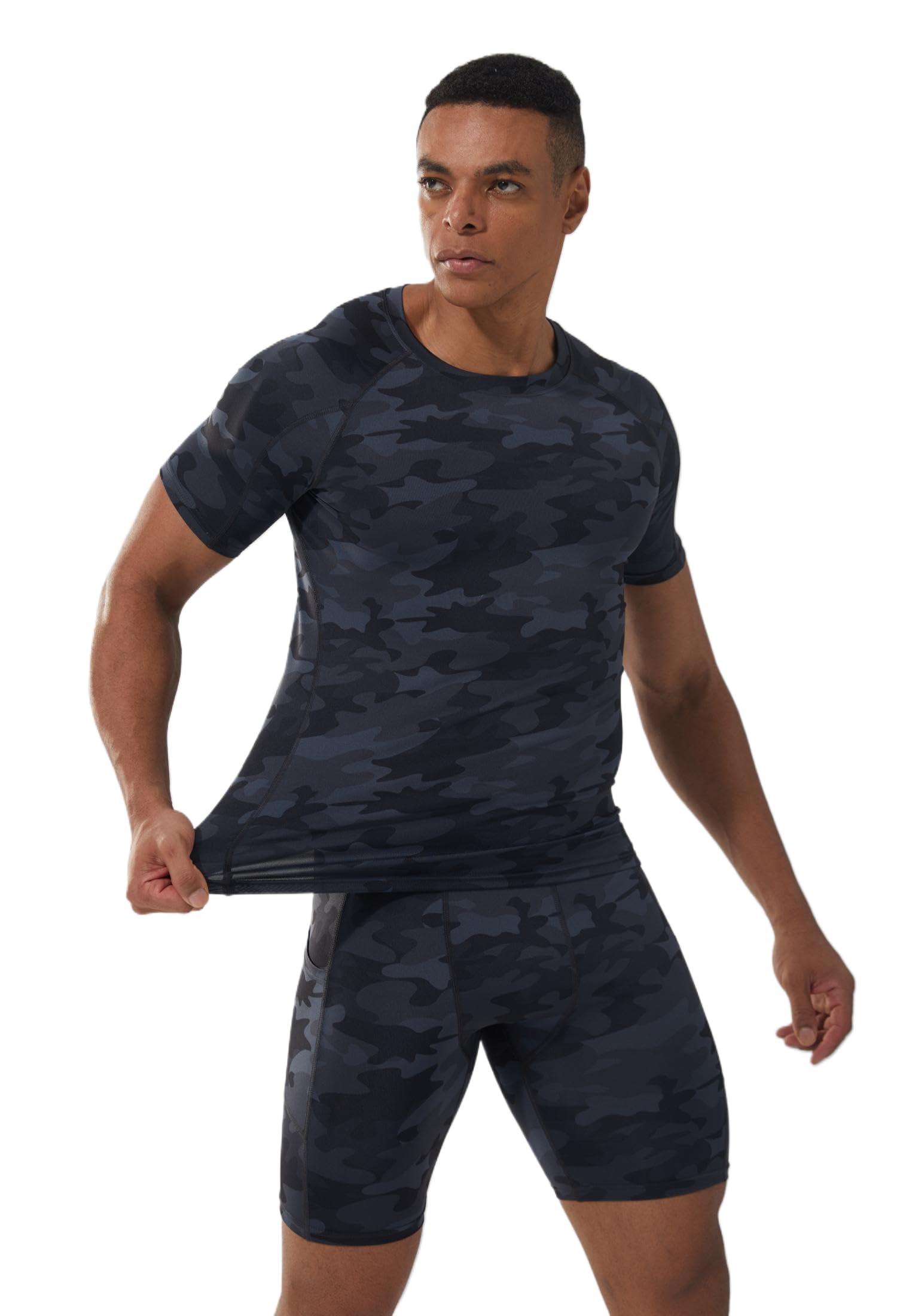 Paquete de 5 camisetas de compresión de manga corta para hombre, camuflaje, secado fresco, deportes, entrenamiento, capa base, camiseta interior