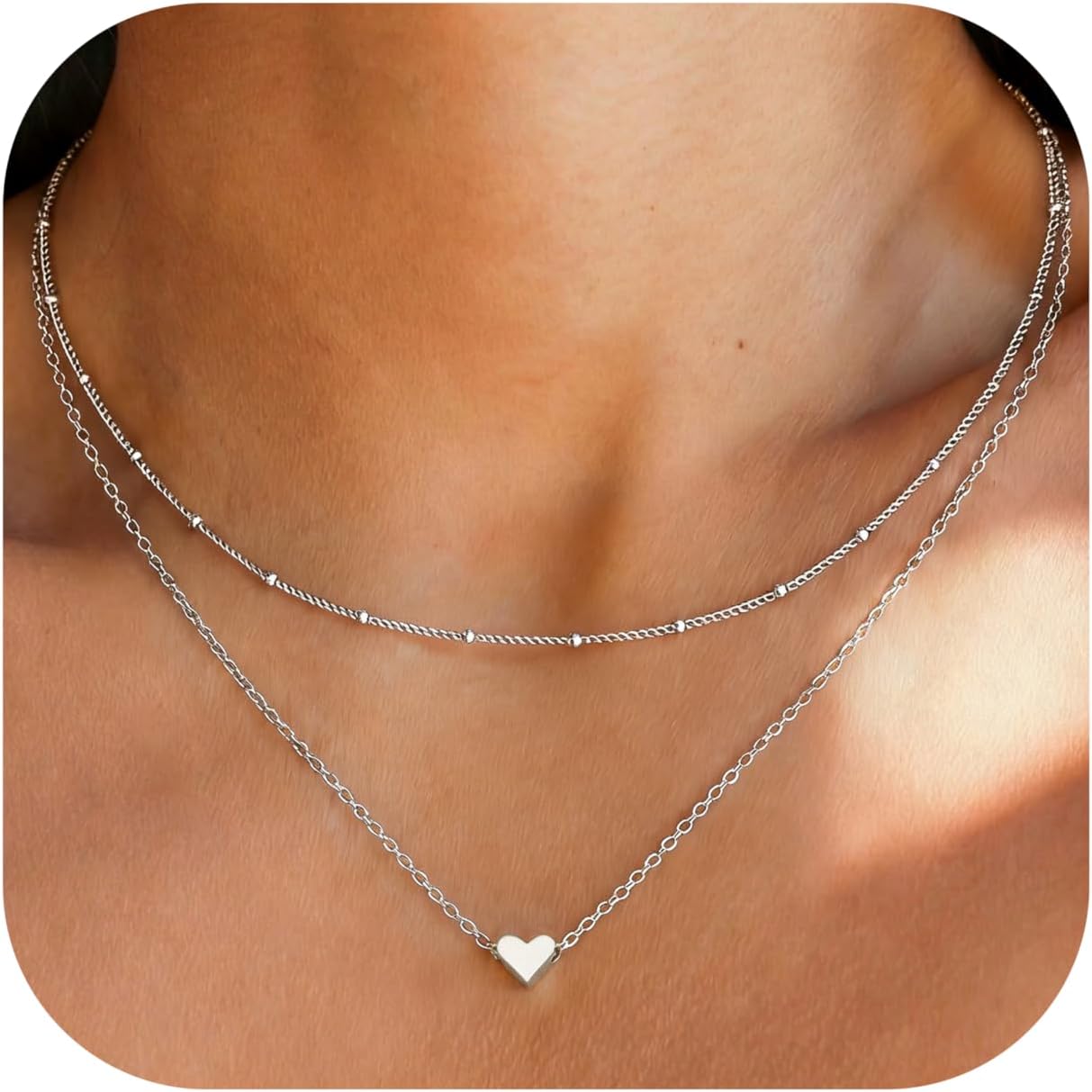 Layered Silve Heart Necklace for Women 14K Gold Plated Dainty Heart Pendant Necklaces Chain Necklace for Women Girls Jewelry Gifts Gold/Silver 40+5CM