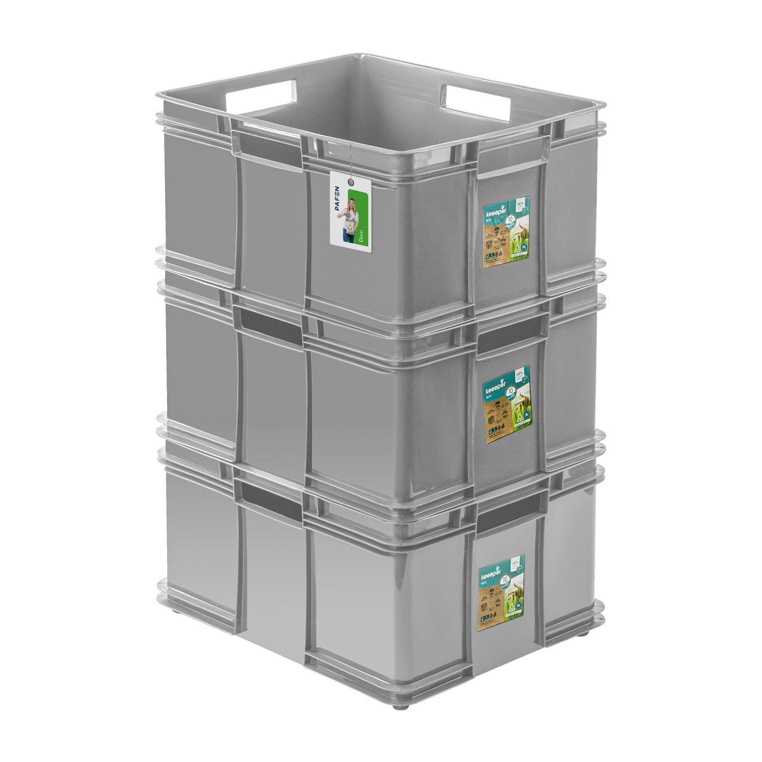 PAFEN 3 x pudełko do układania w stos euro 54 l – 52,5 x 43 x 28,5 cm – ekologiczne pojemniki do przechowywania, pudełko do układania w stos, pojemnik euro z polipropylenu, szary (Stone Grey)
