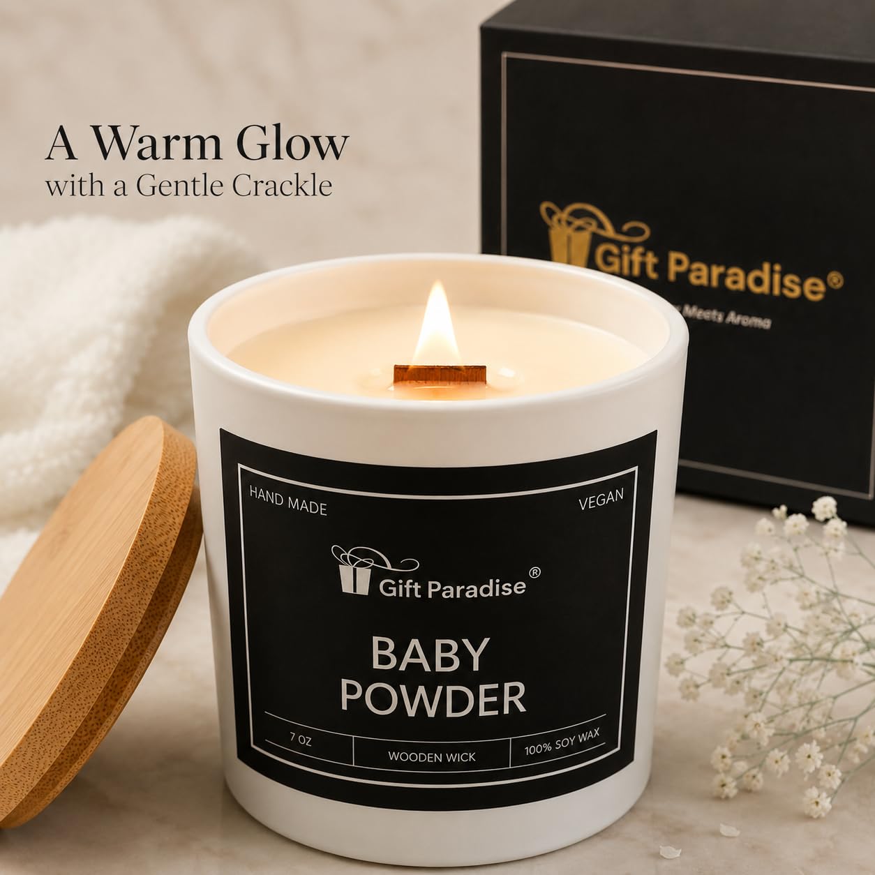 Gift Paradise® Candela di soia in polvere per bambini, 7 once, profumo di | Stoppino di legno, coperchio di bambù, scatola regalo magnetica, profumo polveroso pulito morbido