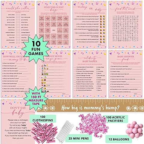 Baby Shower Games for Girl Dont Say Baby, Tummy Tape, Bingo Game Cards and Baby Shower Decorations for Girl, 10 Fun Games, 25 Pens, 100 Acrylic Pacifiers, Clothespins, Balloons Cover
